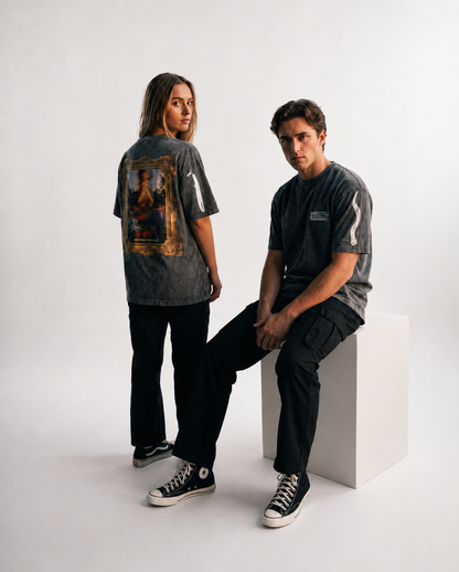 Destroy This Temple "Fire In Eden" Premium Christian Streetwear worn by models, paired with black cargos and jeans, with Vans and Converse.