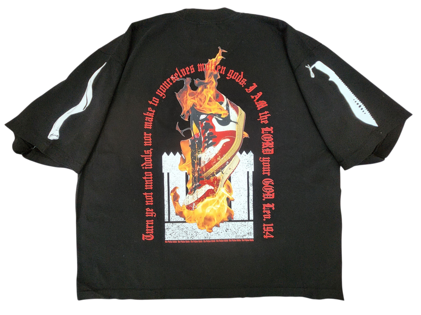 Destroy This Temple® "No False Idols" Premium Christian Streetwear back view, Jordan 1s on fire, sleeve prints, with Leviticus 19:4 quote.