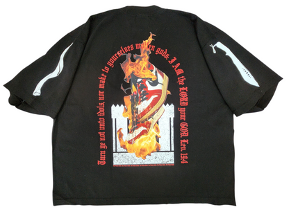 Destroy This Temple® "No False Idols" Premium Christian Streetwear back view, Jordan 1s on fire, sleeve prints, with Leviticus 19:4 quote.