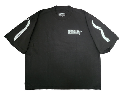 Destroy This Temple® "No False Idols" front view with sleeve prints, chest logo. Black, oversized, box fit tee.