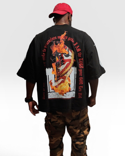 Destroy This Temple® "No False Idols" Premium Christian Streetwear, back view, size large on model.