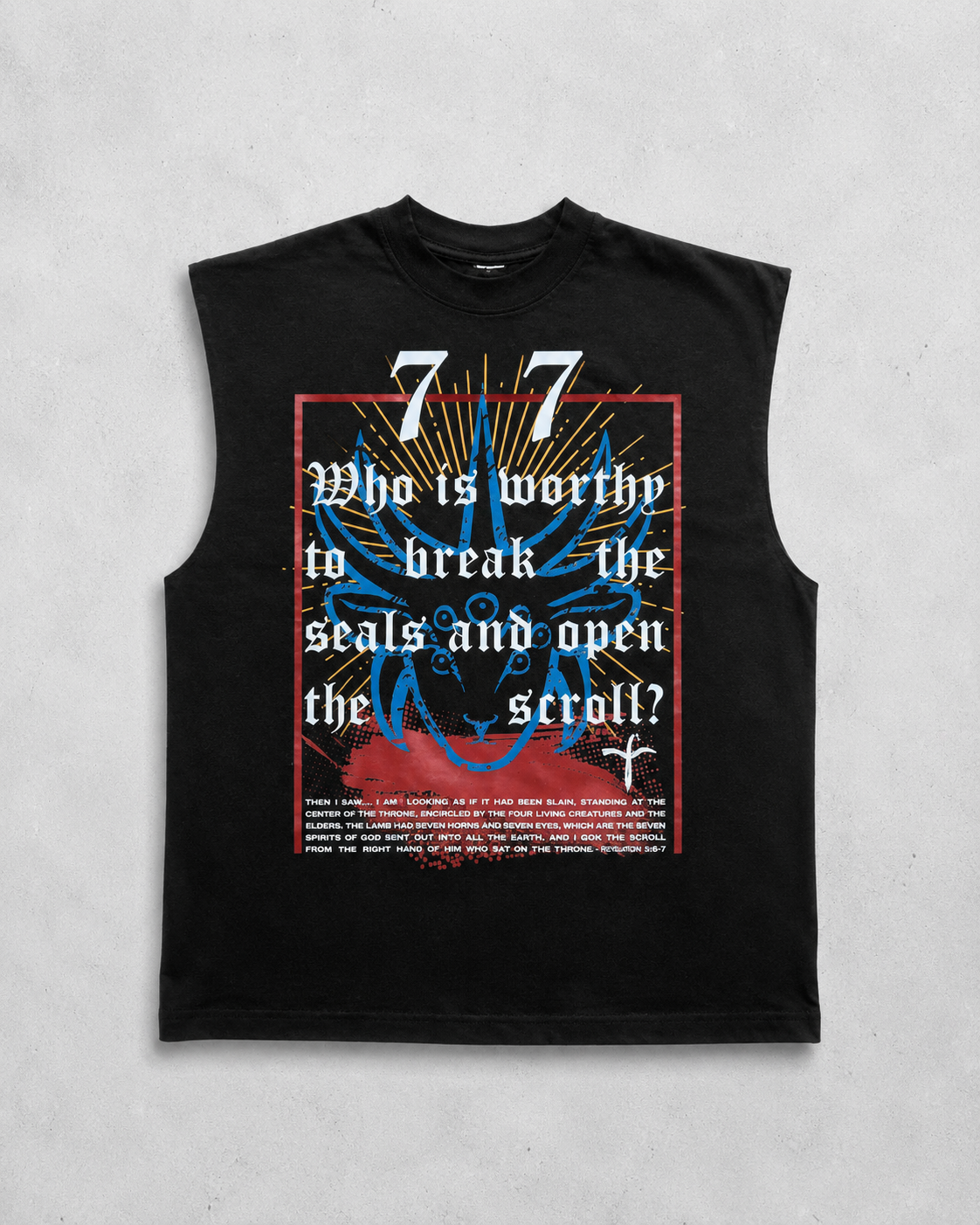 A black sleeveless muscle t-shirt with a detailed graphic print on the front, laid flat against a textured light gray background.