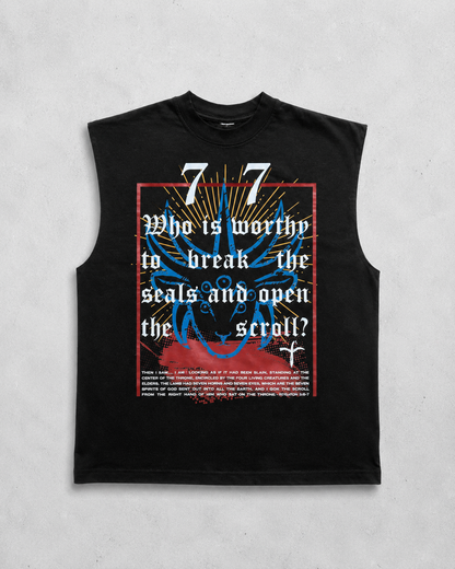A black sleeveless muscle t-shirt with a detailed graphic print on the front, laid flat against a textured light gray background.