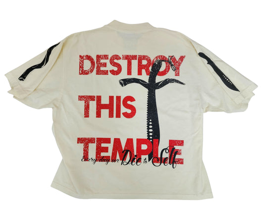 Destroy This Temple® "The Motto" Premium Christian Streetwear, back view, bold text, cross, and sleeve prints.