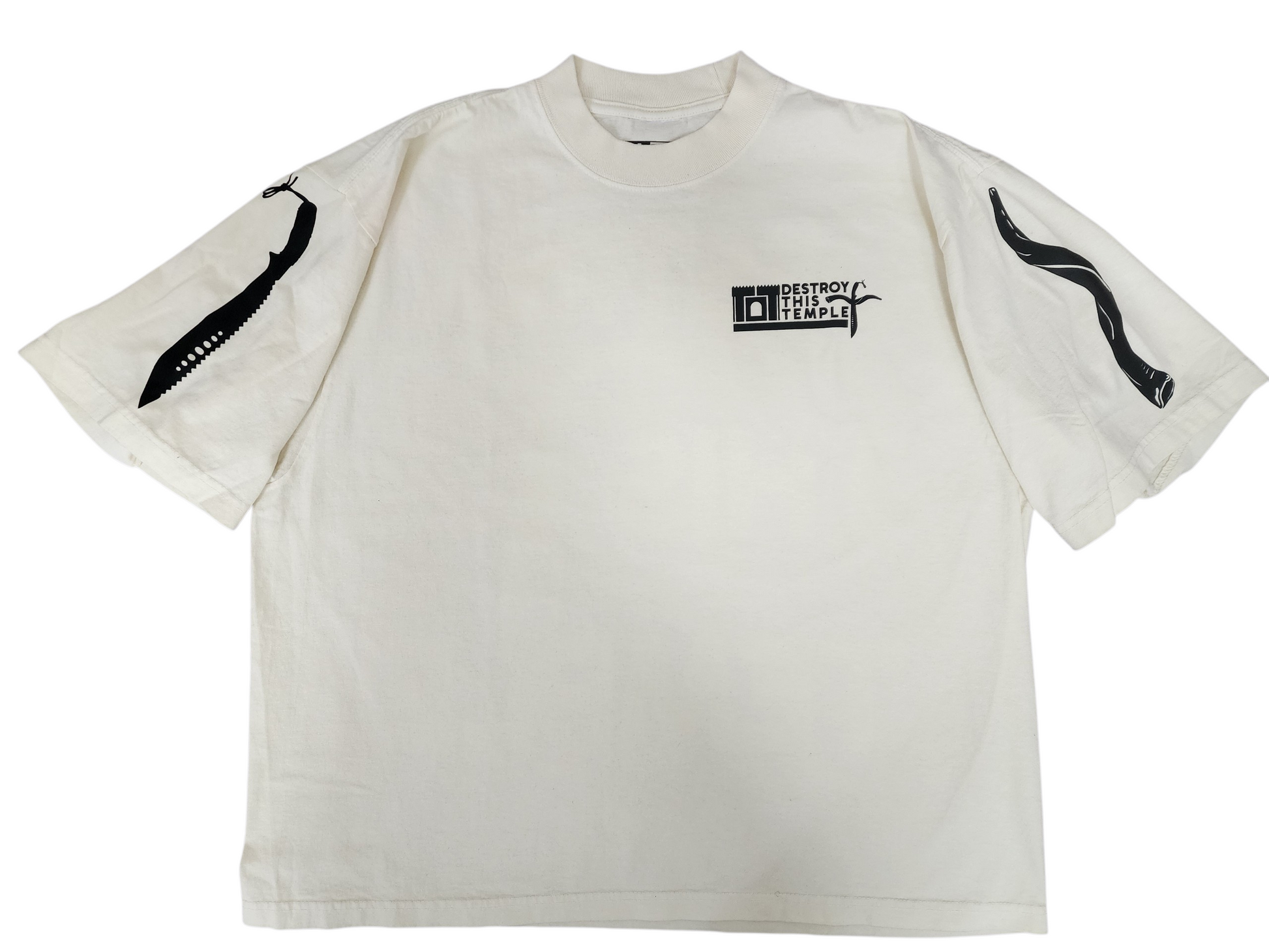 Destroy This Temple® "The Motto" front view, left chest logo, and sleeve prints. Oversized, boxy fit.